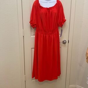 London Times Woman Size 2X Red Scoop Neck Puff Sleeve Maxi Dress Elastic Waist